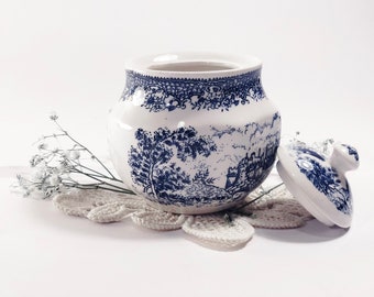 Vintage covered porcelain sugar bowl, kitchen decor made in occupied Japan by Ironstone China by Matsumura & Co, blue and white