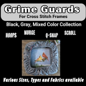 May include: A cross-stitch frame cover with the text "Grime Guards" and "For Cross Stitch Frames". The cover is gray and surrounds a cross-stitch image of two cardinals. The text "Black, Gray, Mixed Color Collection" is also visible.