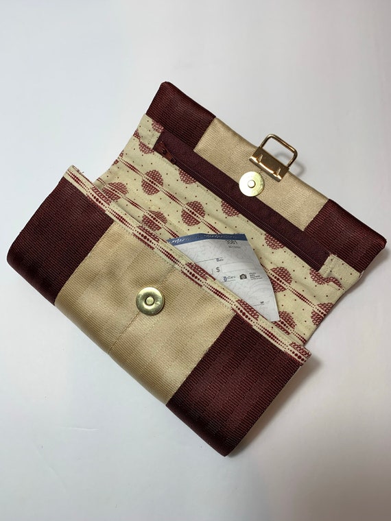 Seatbelt Wallet, Tri-Fold Ladies Wallet, Seatbelt Webbing Wallet - Dark Red (Sharaz) and Honey Beige (SB)