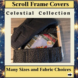 Puede incluir: Cubierta negra para marco de desplazamiento con un patrón de remolino dorado. La cubierta está doblada sobre una revista titulada "Stitch" con el texto "It's the Season" visible. El texto "Celestial Collection" es visible en la parte superior de la imagen.