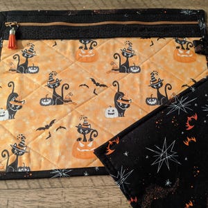 Project Bag - Cross Stitch Project Bag - Document Organization Bag - Black Cats  Pumpkins Glowing