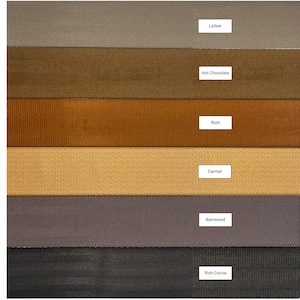 May include: Six fabric swatches in different shades of brown, from light to dark. The swatches are labeled from top to bottom: Latte, Hot Chocolate, Rust, Caramel, Barnwood, Rich Cocoa.