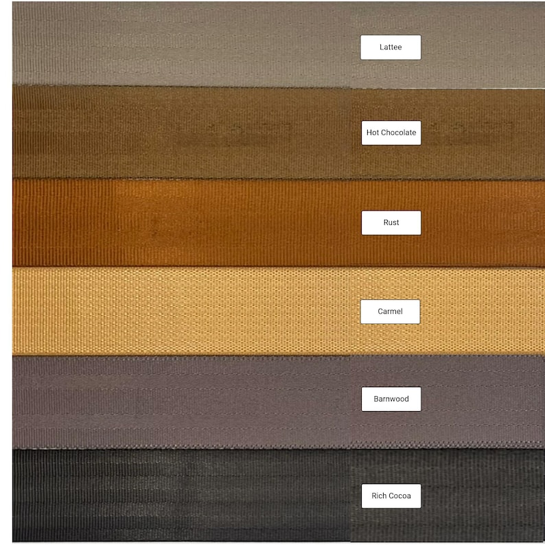 May include: Six fabric swatches in different shades of brown, from light to dark. The swatches are labeled from top to bottom: Latte, Hot Chocolate, Rust, Caramel, Barnwood, Rich Cocoa.