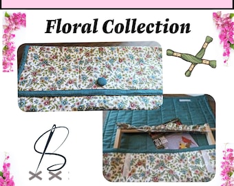 May include: Scroll Frame Covers & Grime Guard Floral Collection. A quilted fabric cover with a floral pattern in blue, red, and green, featuring a teal border and a central button. A second view shows a teal quilted grime guard on a wooden frame.