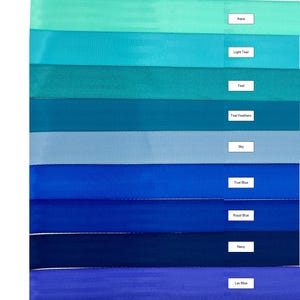 May include: A color chart showing ten different shades of blue and teal, from aqua to lavendar blue. The color names are listed below each color swatch.