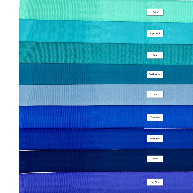 May include: A color chart showing ten different shades of blue and teal, from aqua to lavendar blue. The color names are listed below each color swatch.