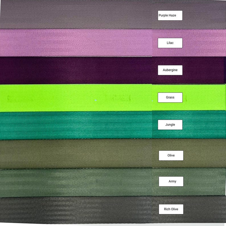 May include: A collection of eight fabric swatches in various shades of purple, green, and brown. The swatches are labeled with the following names: Purple Haze, Lilac, Aubergine, Grass, Jungle, Olive, Army, and Rich Olive.