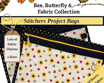 Bolsa para proyectos de bordado de aves y abejas: almacenamiento para punto de cruz, costura y labores con frente de vinilo