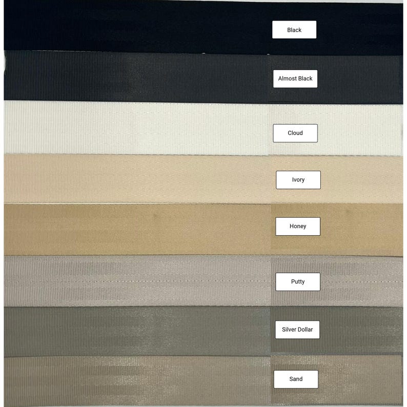 May include: Nine fabric swatches in different shades of beige, brown, gray, and black. The swatches are labeled with the following names: Black, Almost Black, Cloud, Ivory, Honey, Putty, Silver Dollar, and Sand.