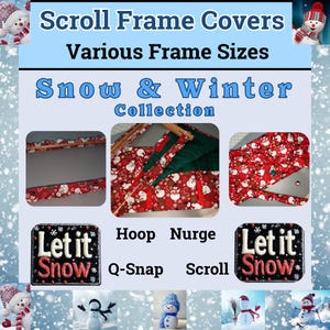 Puede incluir: Imagen de fundas para bastidores de la colección Snow & Winter. Las fundas son rojas con muñecos de nieve y copos de nieve blancos. El texto incluye "Let it Snow" y "Various Frame Sizes."