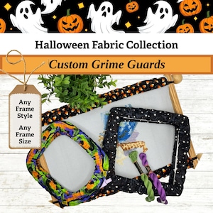 May include: An assortment of Halloween-themed craft supplies, including custom grime guards, embroidery floss, and a wooden embroidery hoop. The image features a black and white background with ghosts and jack-o'-lanterns. The text reads "Halloween Fabric Collection" and "Custom Grime Guards."