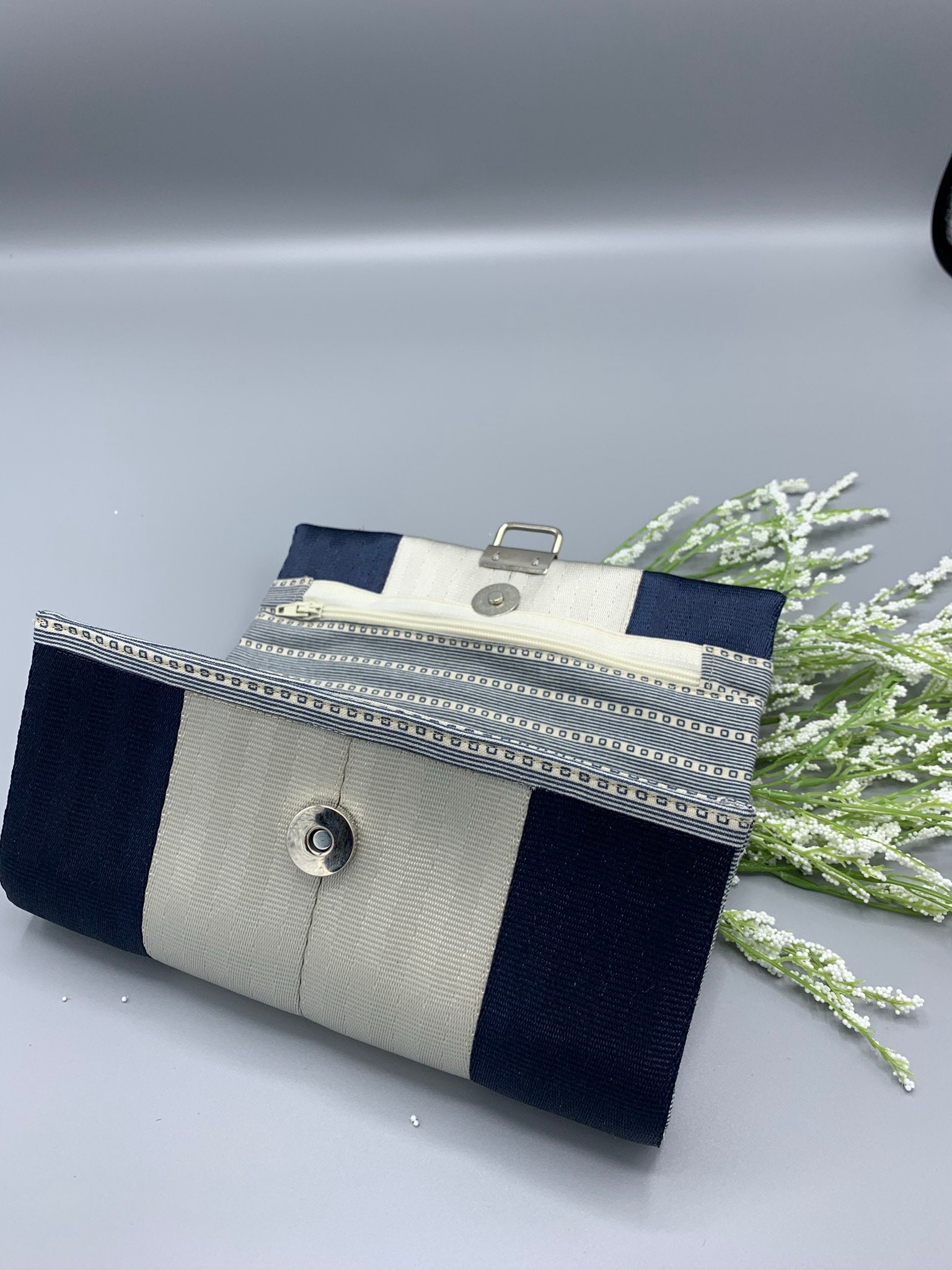 Seatbelt Wallet, Tri-Fold Ladies Wallet, Seatbelt Webbing Wallet - Navy and Silver (SB)