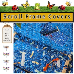 Puede incluir: Fundas azules para marcos de desplazamiento con un patrón de libélulas. La imagen incluye una etiqueta con la palabra "Collections" y las palabras "Abejas, Pájaros, Bichos, Ranas, Mariposas". El texto "Scroll Frame Covers" se muestra en un rectángulo amarillo.