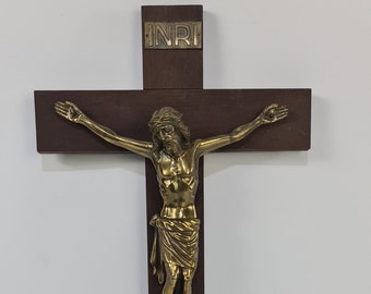Vintage Wooden Cross with Brass Jesus - Elegant Religious Wall Hanging