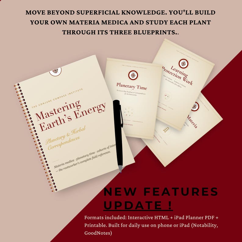 May include: A spiral-bound workbook titled Mastering Earth's Energy, accompanied by three smaller booklets titled Planetary Time, Learning Protection Work, and Materia. A black pen rests on the main workbook. Text includes Move beyond superficial knowledge and New features update, with details on interactive HTML, iPad PDF, and printable formats.