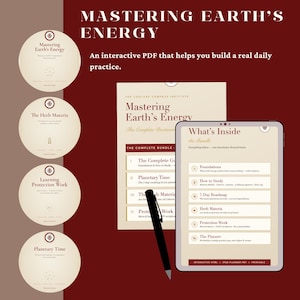 May include: A digital bundle titled Mastering Earth's Energy featuring an interactive PDF, a tablet displaying a list of contents including Foundations, How to Study, 7-Day Roadmap, Herb Materia, Protection Work, and The Planner, with a black pen.