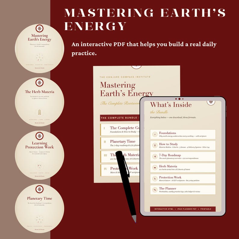 May include: A digital bundle titled Mastering Earth's Energy featuring an interactive PDF, a tablet displaying a list of contents including Foundations, How to Study, 7-Day Roadmap, Herb Materia, Protection Work, and The Planner, with a black pen.