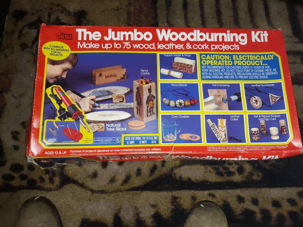 Vintage 1980s Jumbo Woodburning Kit wood leather cork iron burning NSI No.  7770