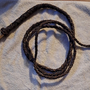 May include: A brown leather bullwhip with a wooden handle. The whip is coiled and ready to be used.
