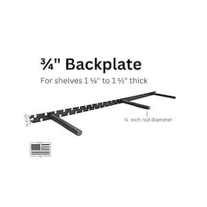 May include: A black metal backplate for shelves, with the text "3/4" Backplate" and "For shelves 1 1/8" to 1 1/2" thick." The backplate has a 1/2 inch rod diameter and is made in the USA.