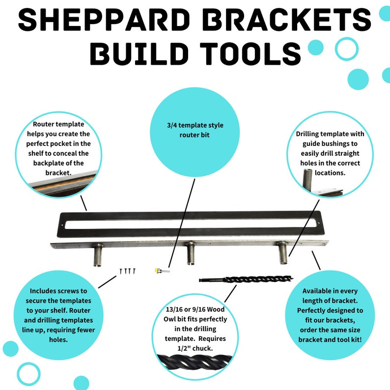 Floating Shelf Build Kit drilling templates with guide bushings router templates 13/16 or 9/16 drill bit 3/4 template router bit. image 2