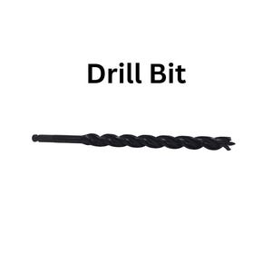 May include: A black drill bit with a spiral design, set against a white background. The text "Drill Bit" is displayed in bold, black letters above the tool. This tool is designed for drilling into various materials.