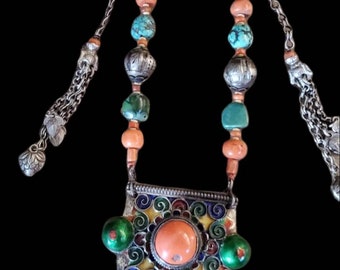 Antique Chinese Tribal Coral Turquoise  Enamel Necklace