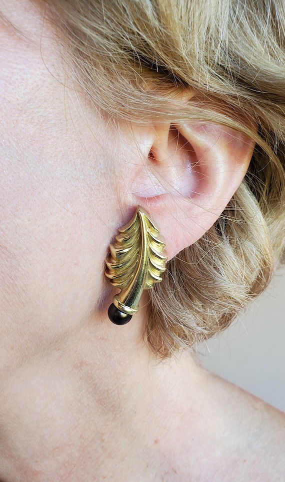 Yellow Gold and Black Pearl Leaf Earrings|14k Gold