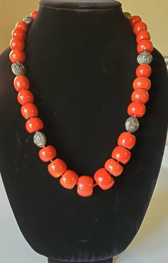 Tribal large red coral and silver bead necklace