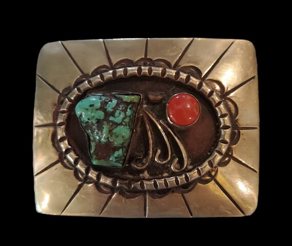 Vintage Native American Turquoise Coral Belt Buckle - Etsy display picture 2