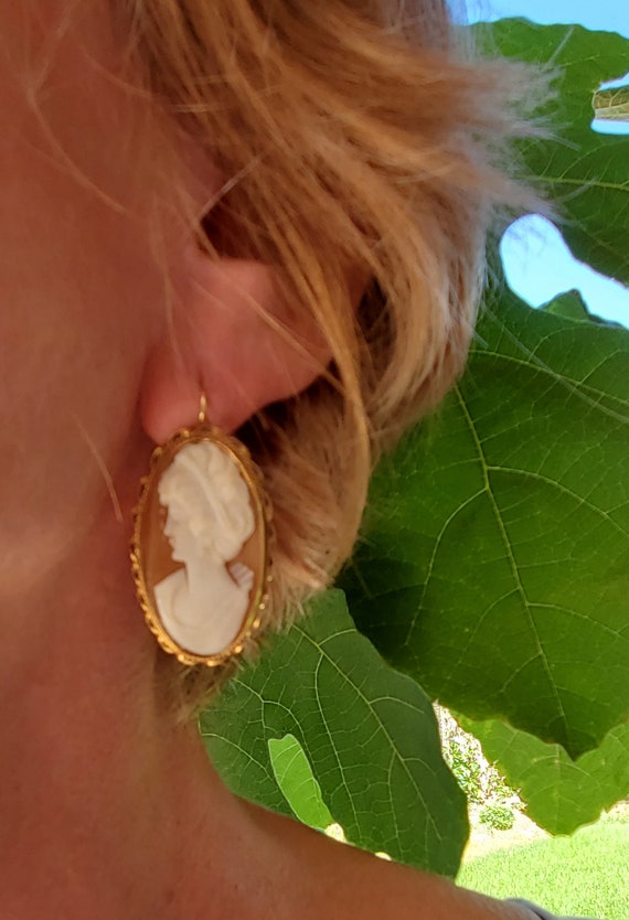 Antique Estate Large Cameo Drop Earrings set in 14