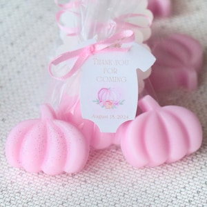 May include: Pink pumpkin shaped soaps with glitter, packaged in a clear cellophane bag with a pink ribbon. The tag says "Thank You For Coming" with a watercolor pumpkin and floral design. The date "August 18, 2024" is printed below the design.