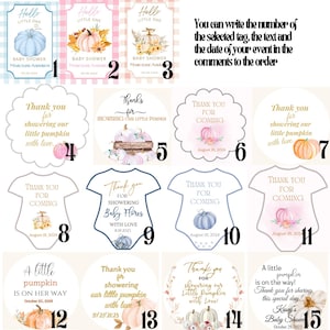 May include: A set of 15 printable baby shower favor tags featuring a pumpkin theme. The tags are in various shapes and sizes, including circles, squares, and onesies. Some tags feature the text "Thank you for coming" and "A little pumpkin is on the way!"