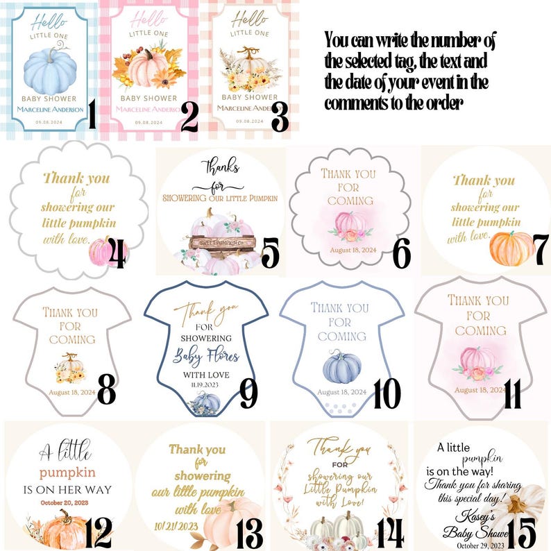 May include: A set of 15 printable baby shower favor tags featuring a pumpkin theme. The tags are in various shapes and sizes, including circles, squares, and onesies. Some tags feature the text "Thank you for coming" and "A little pumpkin is on the way!"
