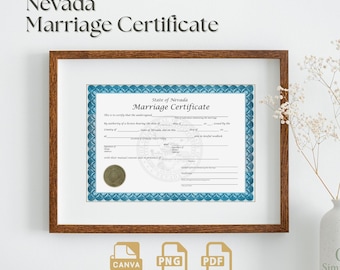 Plantilla de certificado de matrimonio de Blue Lace Nevada/Recuerdo, regalo de broma (PDF, PNG, Canva)