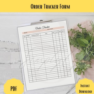 Puede incluir: Un formulario de seguimiento de pedidos imprimible con columnas para la fecha, el número de pedido, el nombre del cliente, el artículo, la cantidad, hecho, enviado y recibido. El formulario está sobre un fondo blanco con un borde negro.