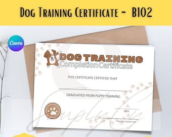 Dog Training Graduation Certificate B102 | Simple Design | Puppy Training Certificate | Canva Template Included | Printable PDF & PNG