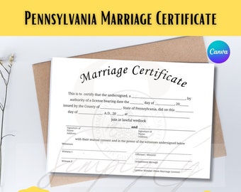 ペンシルバニア州記念結婚証明書、Canva テンプレート、ペンシルバニア州結婚証明書、印刷可能な証明書、デジタル ダウンロード