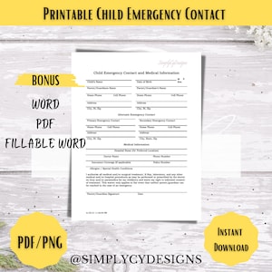 Printable Child Emergency Contact List, Babysitter Contact List, Digital Contact List, Emergency Contacts, Safety Forms, Babysitter Contact