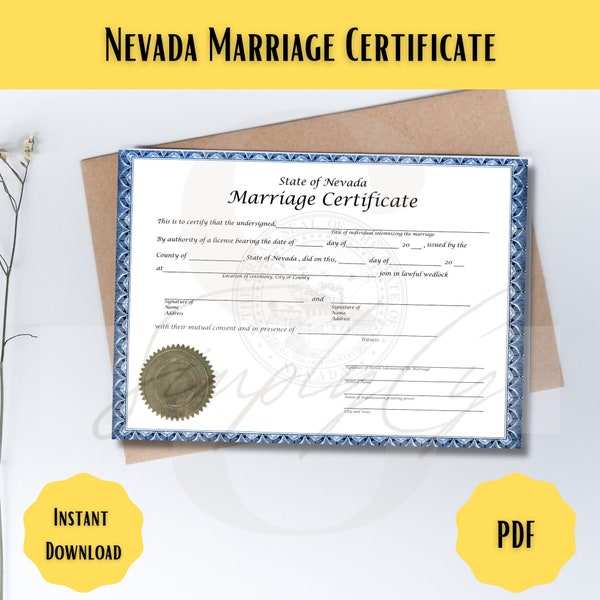Nevada Commemorative Marriage Certificate, Digital Download, Nevada Wedding Certificate, Printable Certificate, Digital Certificate
