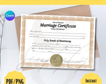 テネシー州ゴールドフレームの結婚証明書、テネシー州モンゴメリー郡の結婚証明書、印刷可能な証明書、デジタル証明書
