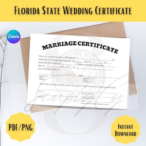 Florida Heiratsurkunde mit Zustandssiegel, herunterladbare Hochzeitsurkunde, druckbare Heiratsurkunde Florida, Canva Vorlage
