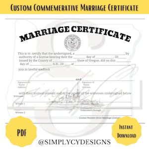 Oregon Gedenk Heiratsurkunde, digitaler Download, Oregon Hochzeitsurkunde, druckbare Urkunde, digitale Urkunde