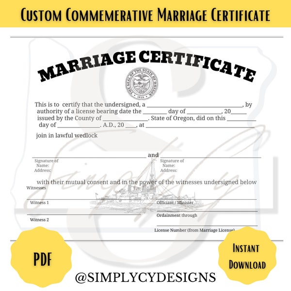 Oregon Commemorative Marriage Certificate, Digital Download, Oregon Wedding Certificate, Printable Certificate, Digital Certificate