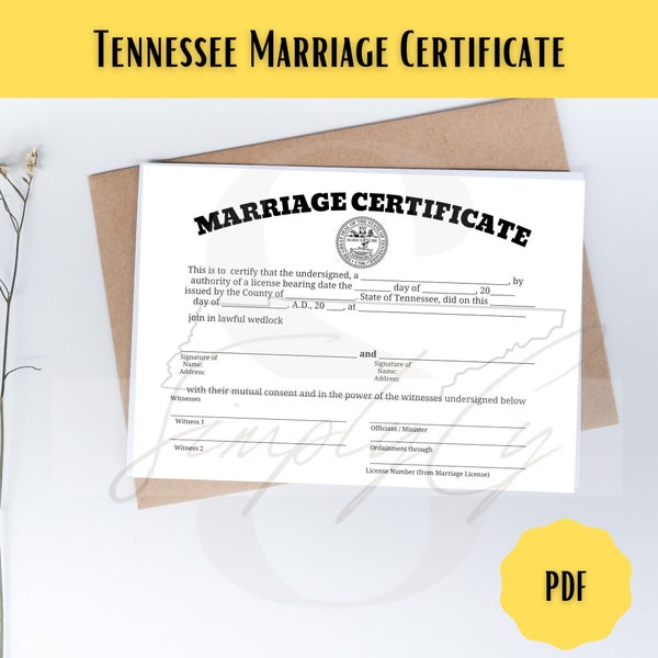 Tennessee Commemorative Marriage Certificate, Digital Download, Tennessee Wedding Certificate, Printable Certificate, Digital Certificate
