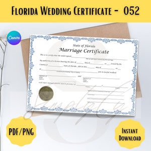 Florida Gedenk Heiratsurkunde, Mock Hochzeitsurkunde, Canva Vorlage, bearbeitbar, blauer Rahmen, Florida druckbare Hochzeitszert