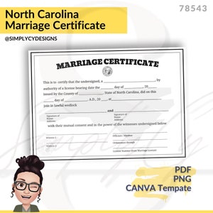 North Carolina Heiratsurkunde mit Zustandssiegel und Gliederung - Einfache dekorative Urkunde