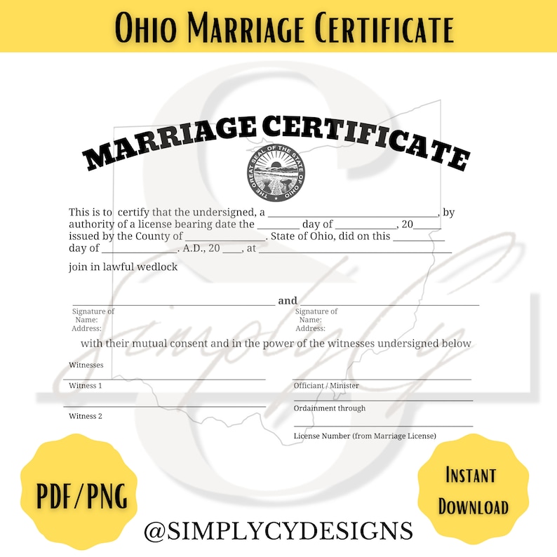 Ohio Commemorative Marriage Certificate Digital Download Ohio Wedding