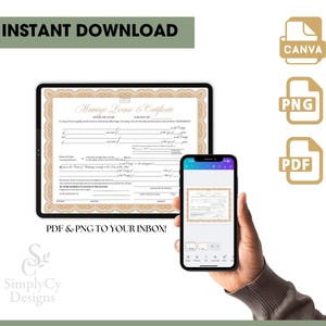 Editable Utah Marriage Certificate Template displayed on tablet and phone, Canva wedding certificate for printing at home, available in PDF and PNG download formats from SimplyCyDesigns.