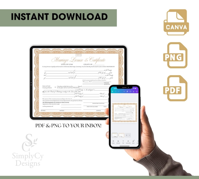 Editable Utah Marriage Certificate Template displayed on tablet and phone, Canva wedding certificate for printing at home, available in PDF and PNG download formats from SimplyCyDesigns.